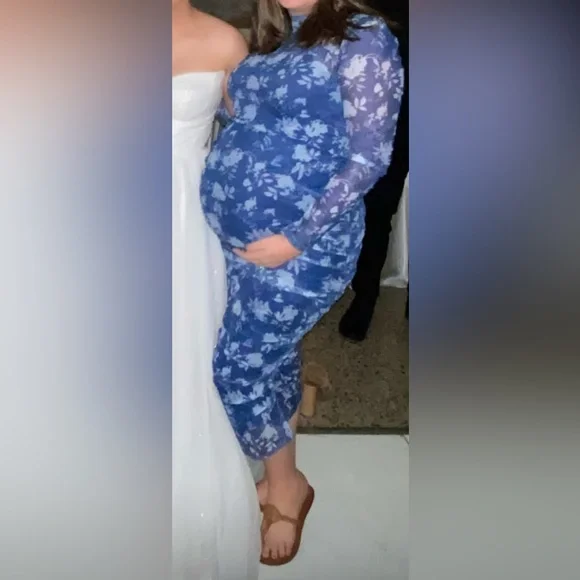 SHEIN Maternity Floral Print Ruched Side Mesh Bodycon Dress With Long Sleeves - Picture 3 of 4